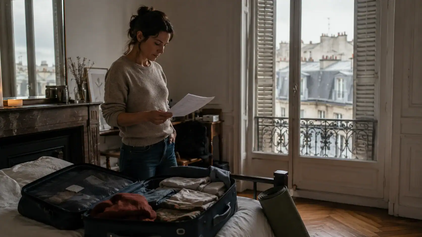 French expat packing boxes or loading a removal van near Paris or Le Havre port, with a Thai street scene or Laem Chabang terminal softly in the background