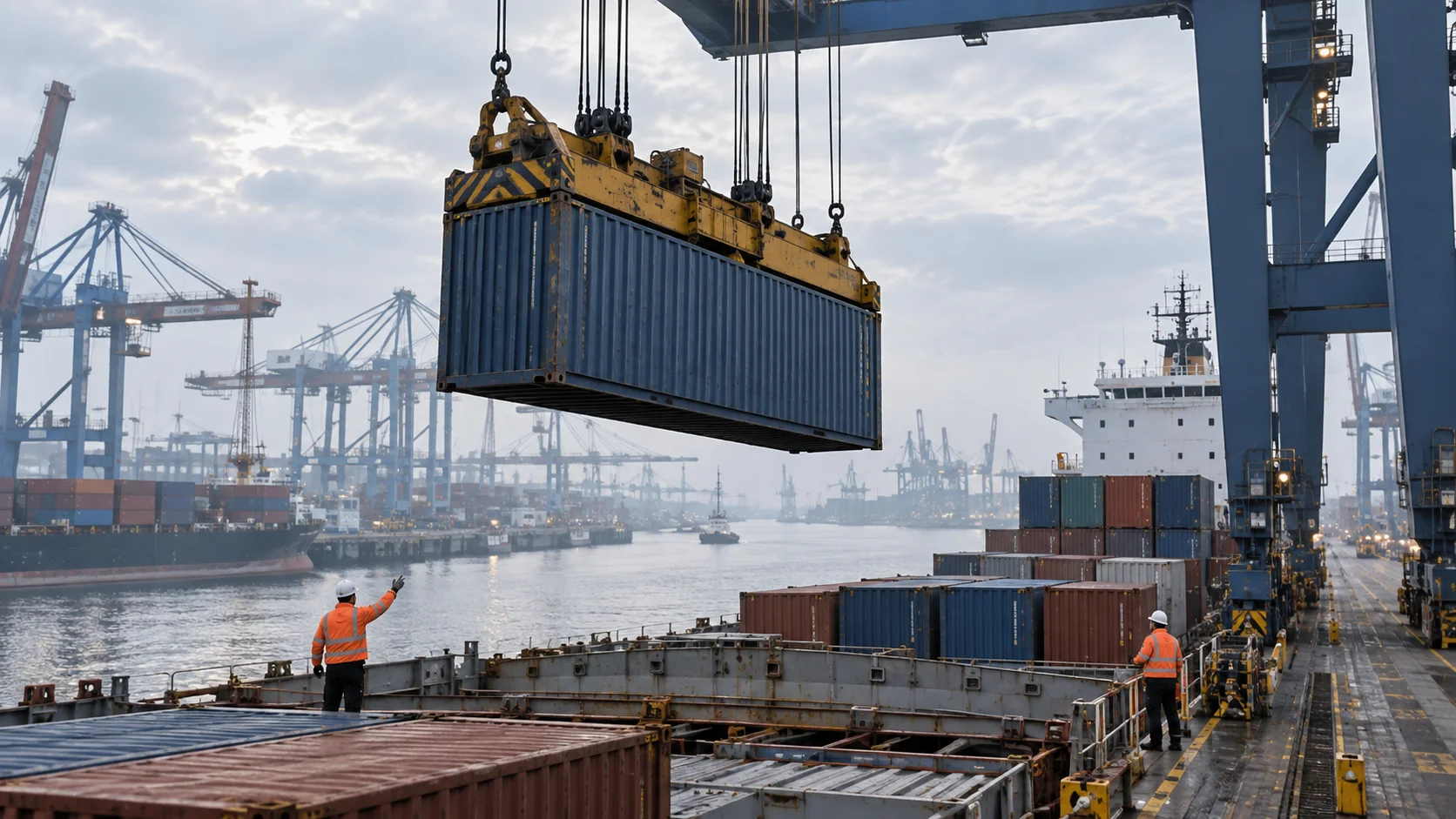 A shipping container hangs from a gantry crane above a container ship's deck at a hazy, overcast port.
