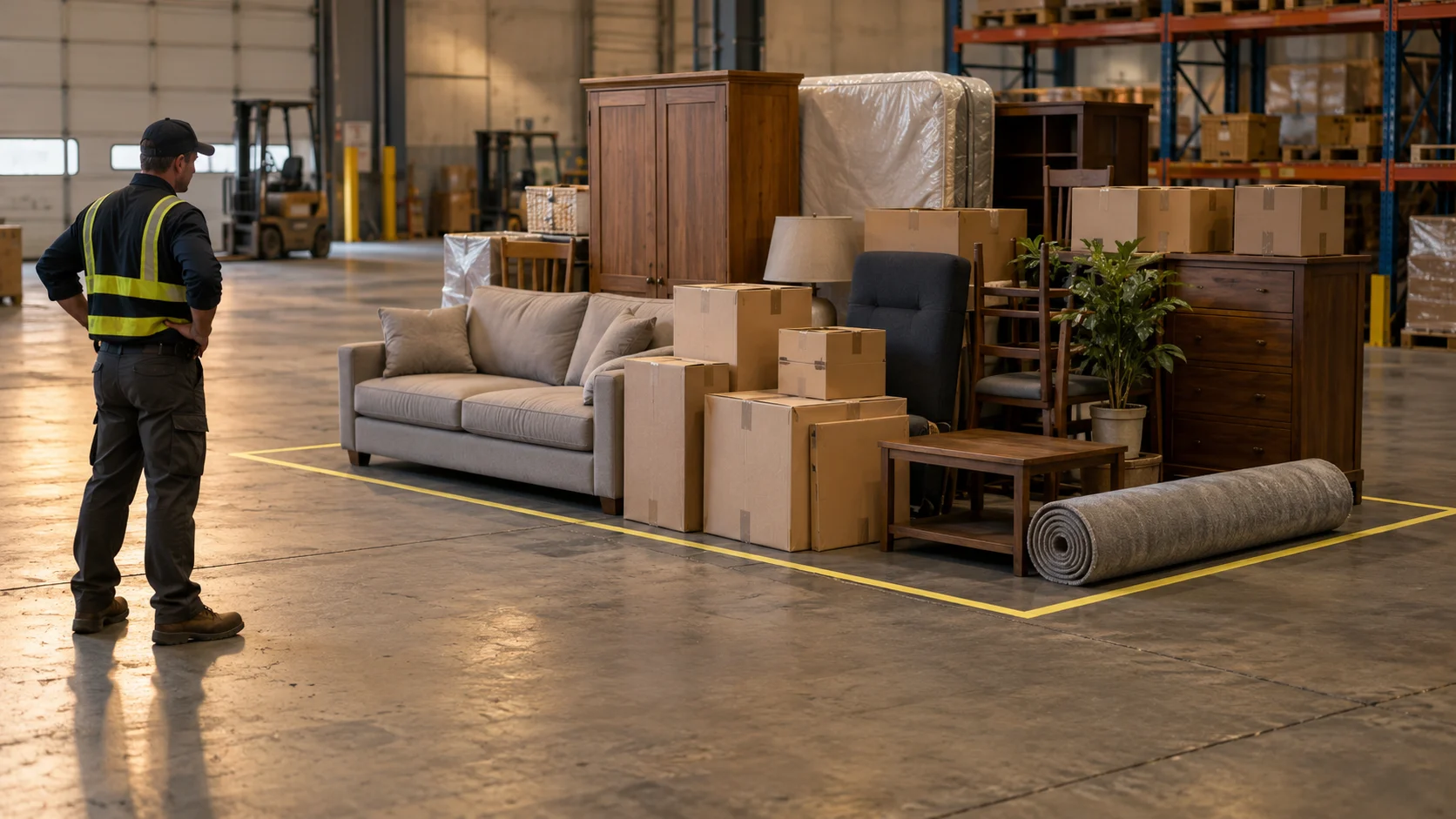 A worker stands back to assess a household's furniture and boxes arranged inside a taped floor outline.