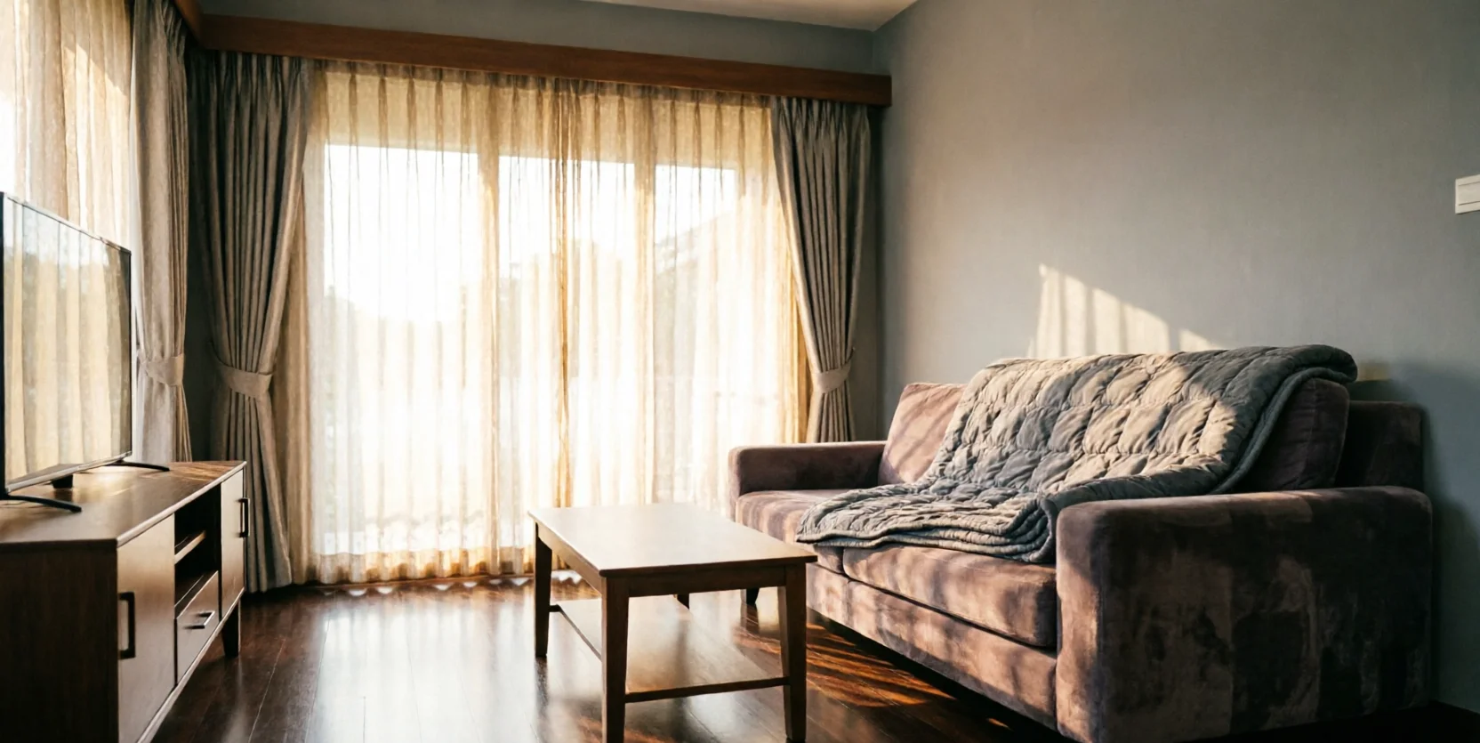 A sunlit living room shows a sofa draped with a folded blanket, sheer curtains, and a wooden coffee table.