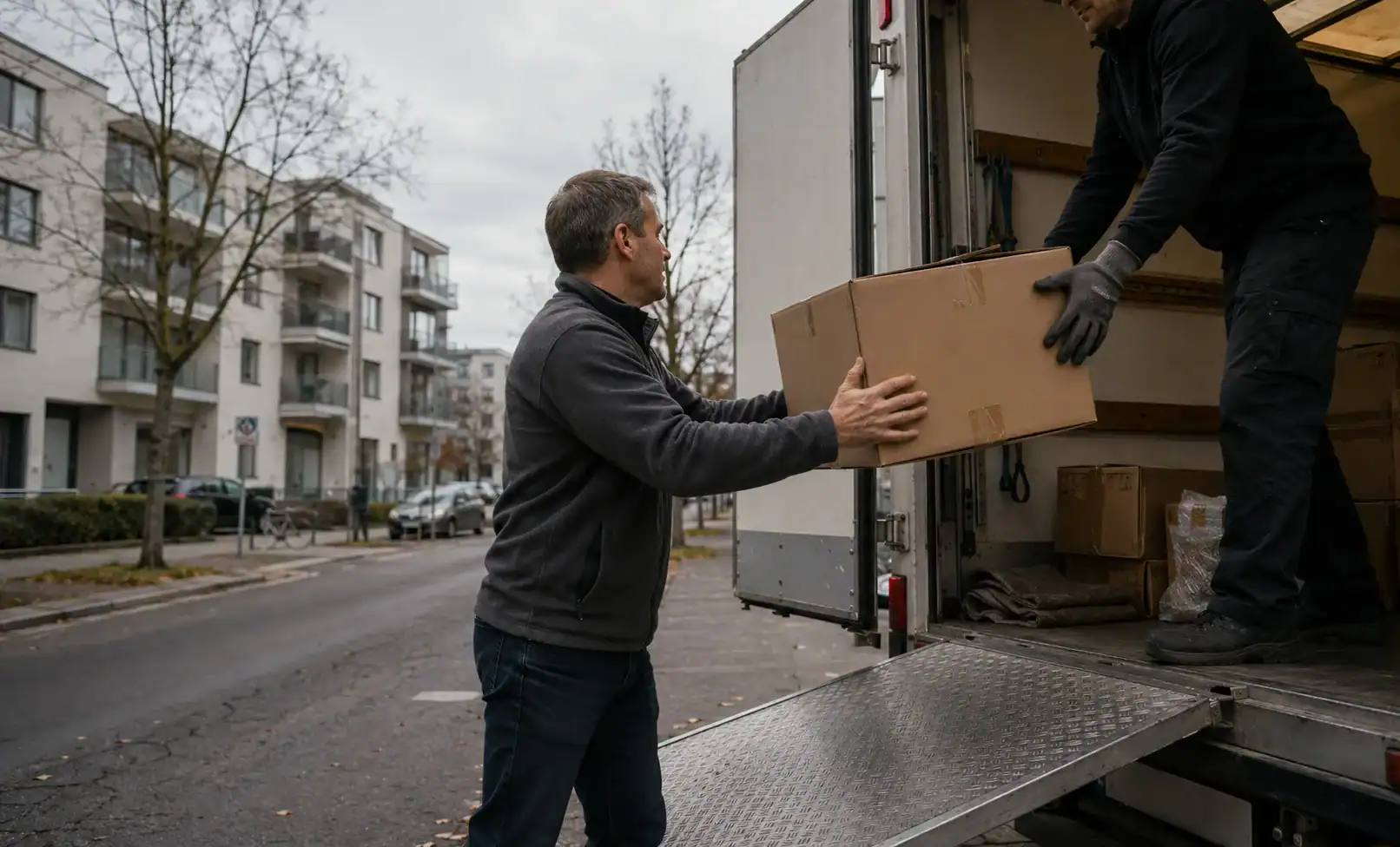 German expat packing boxes or loading a removal van, with Hamburg port or a Bremerhaven container terminal softly visible in the background and a Thai street sc