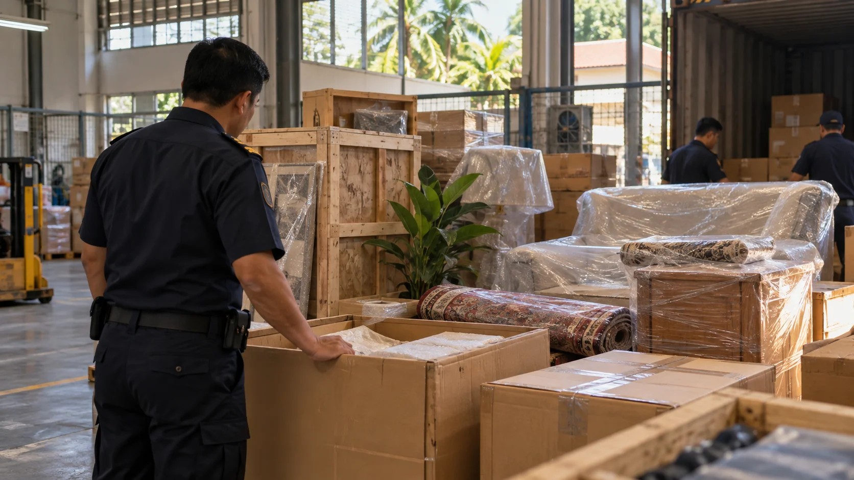 Shipment of household goods sits partially unwrapped inside a Thai bonded receiving area