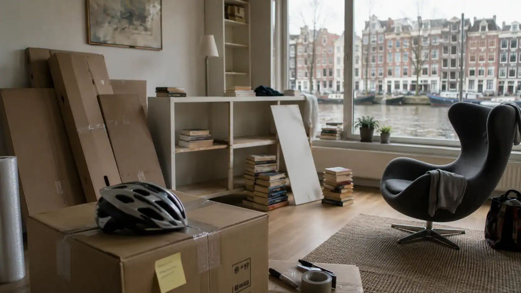 Dutch expat packing boxes or loading a removal van near a Rotterdam canal or port facility, with a Thai street scene or Laem Chabang terminal softly in the background