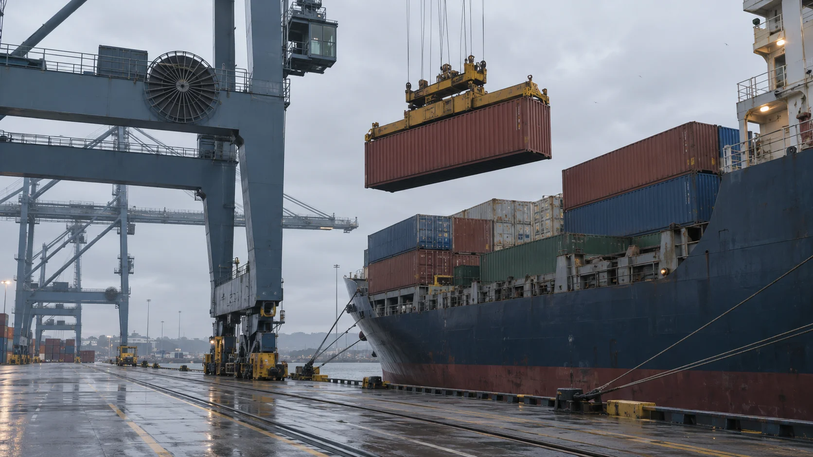 A gantry crane lifting a shipping container onto a container vessel at a rain-wet UK port terminal