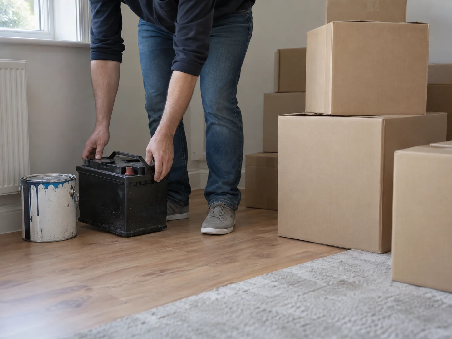 A mover setting down a car battery beside a part-used tin of paint in a UK home, with packed cartons stacked alongside