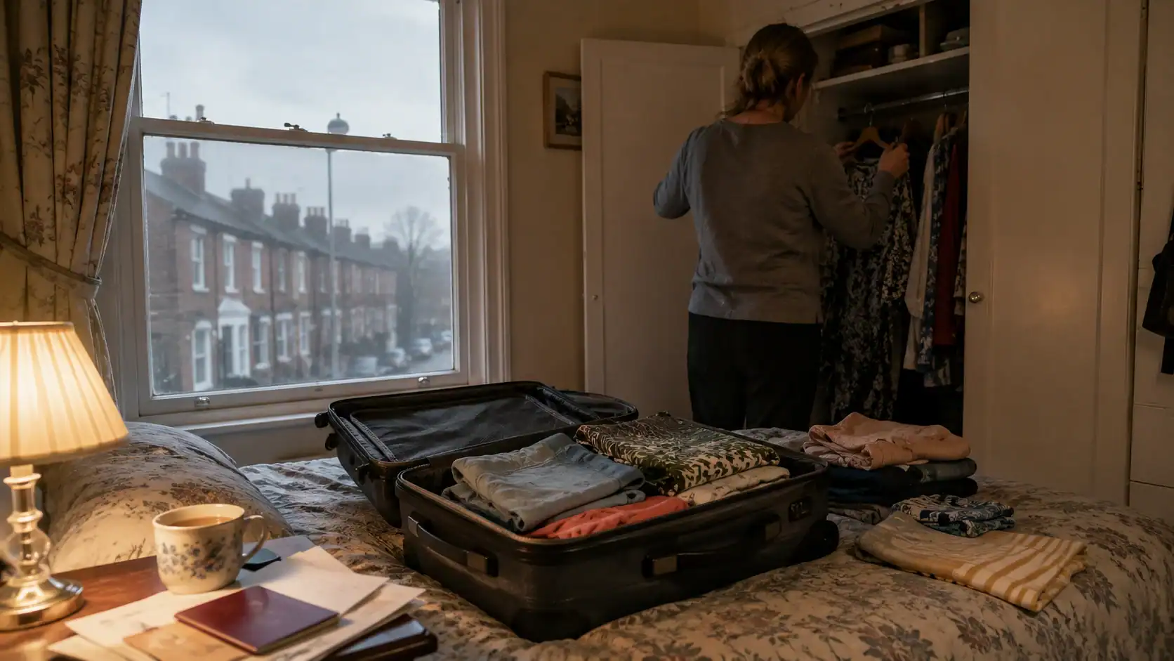 UK expat packing boxes or loading a removal van, with a British passport and Thai visa paperwork visible, and Felixstowe port or a Laem Chabang terminal softly in the background