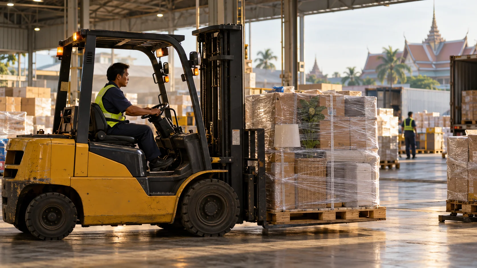 Palletized household cargo moving through a structured customs-processing warehouse in Thailand, a forklift naturally mid-motion positioning a pallet under warm mixed