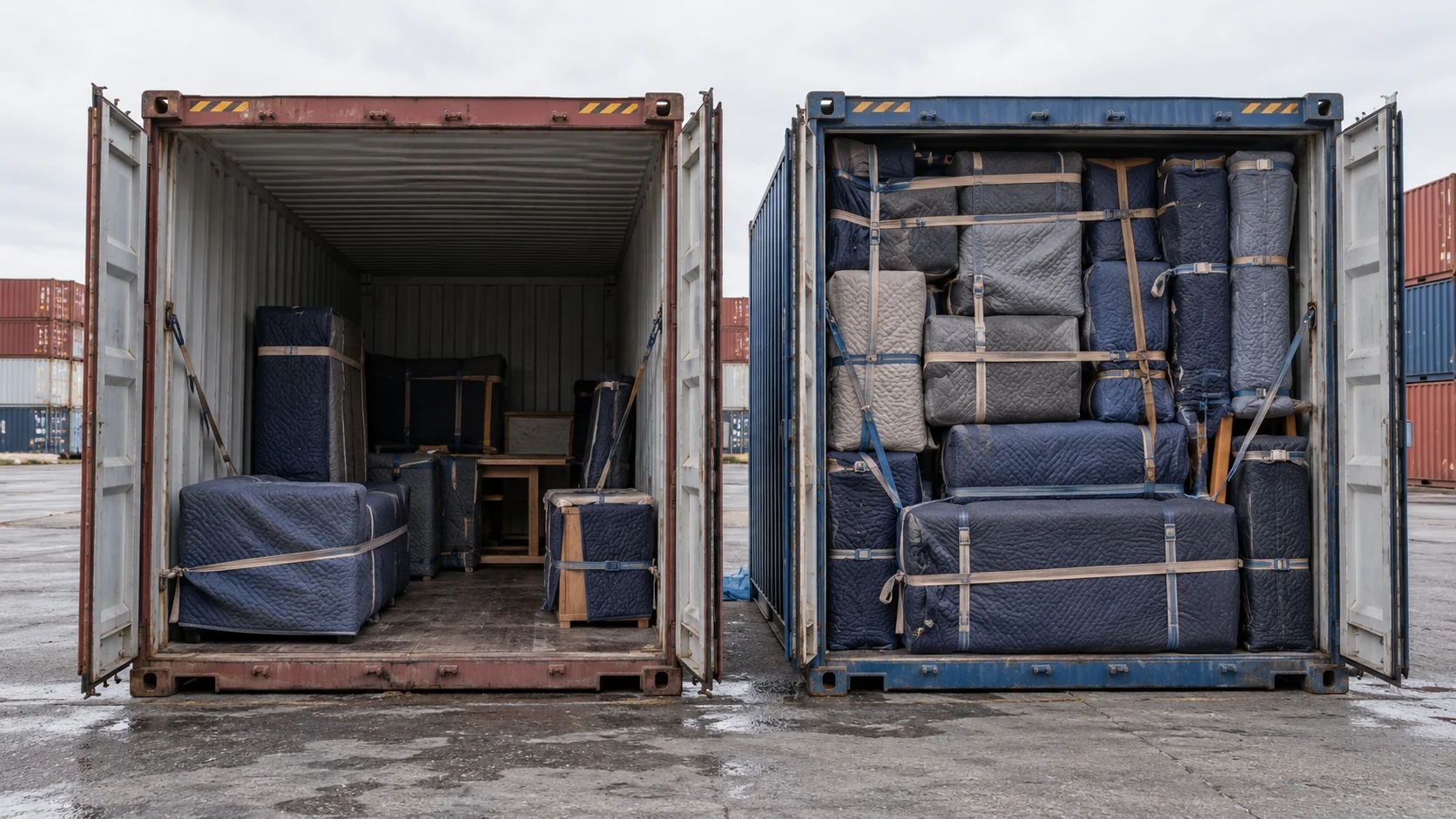 Two open shipping containers side by side in a consolidation yard, one partially filled with household furniture wrapped in protective blankets and one fully packed