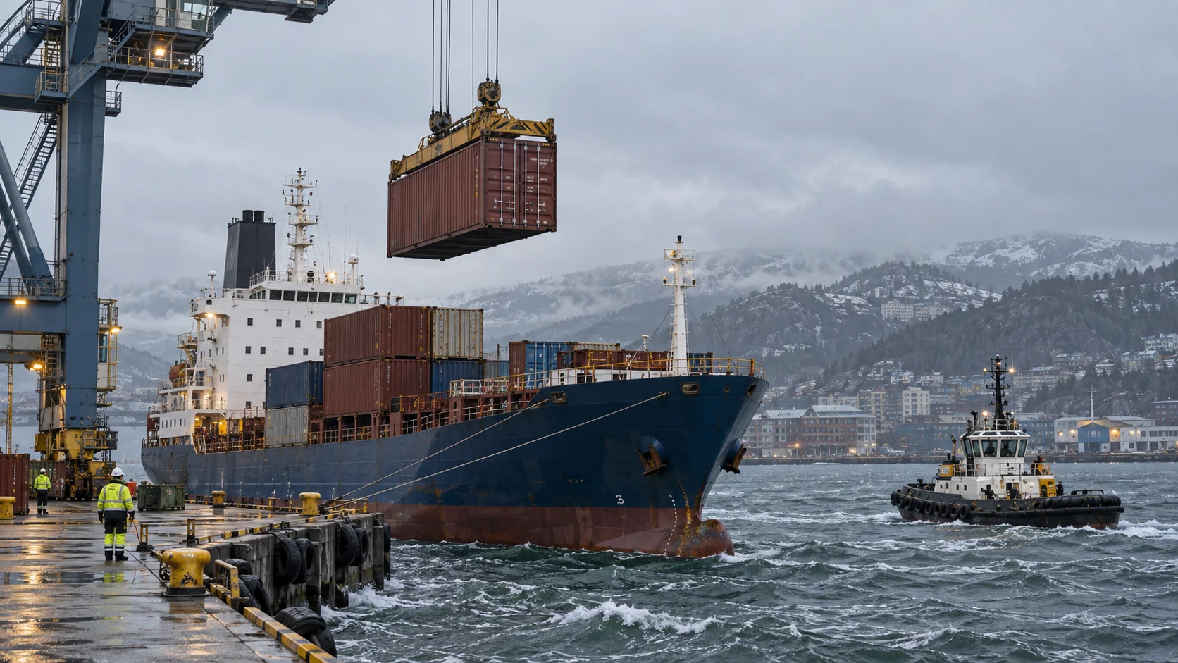 A small feeder container ship works cargo at a Nordic harbor under cool, overcast Scandinavian daylight, a single gantry crane mid-lift with a container swinging gently