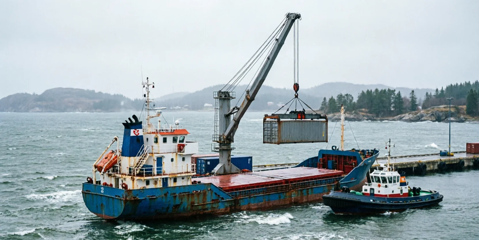 A small cargo ship with a crane lifting a shipping container works a misty Nordic harbor as a tugboat idles nearby.