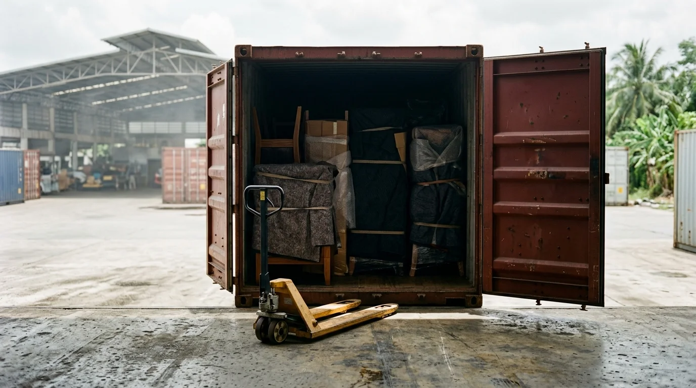Open container doors reveal furniture wrapped in blankets at a tropical receiving yard, a pallet jack waiting in front.