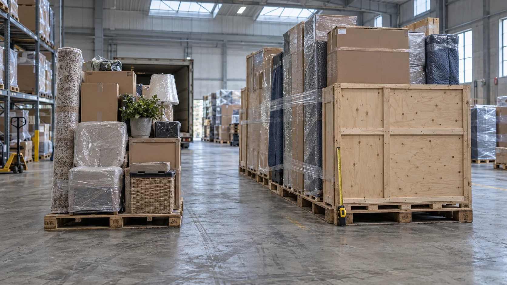 A warehouse aisle holds two household shipments: a small wrapped bundle on one pallet and a larger crated load on another.