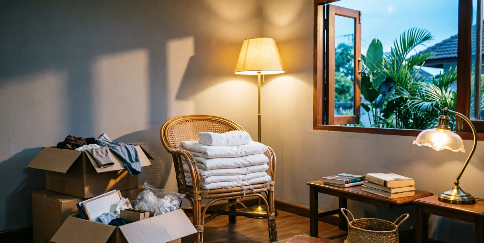 A softly lit room at dusk shows moving boxes, folded linens on a rattan chair, and an open window to tropical greenery.