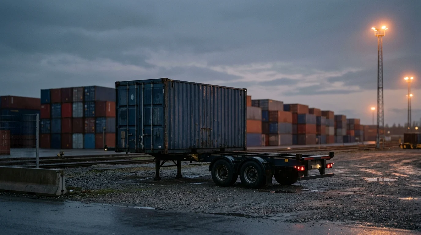 An empty shipping container sits on a trailer chassis in a container yard as security floodlights switch on at dusk.