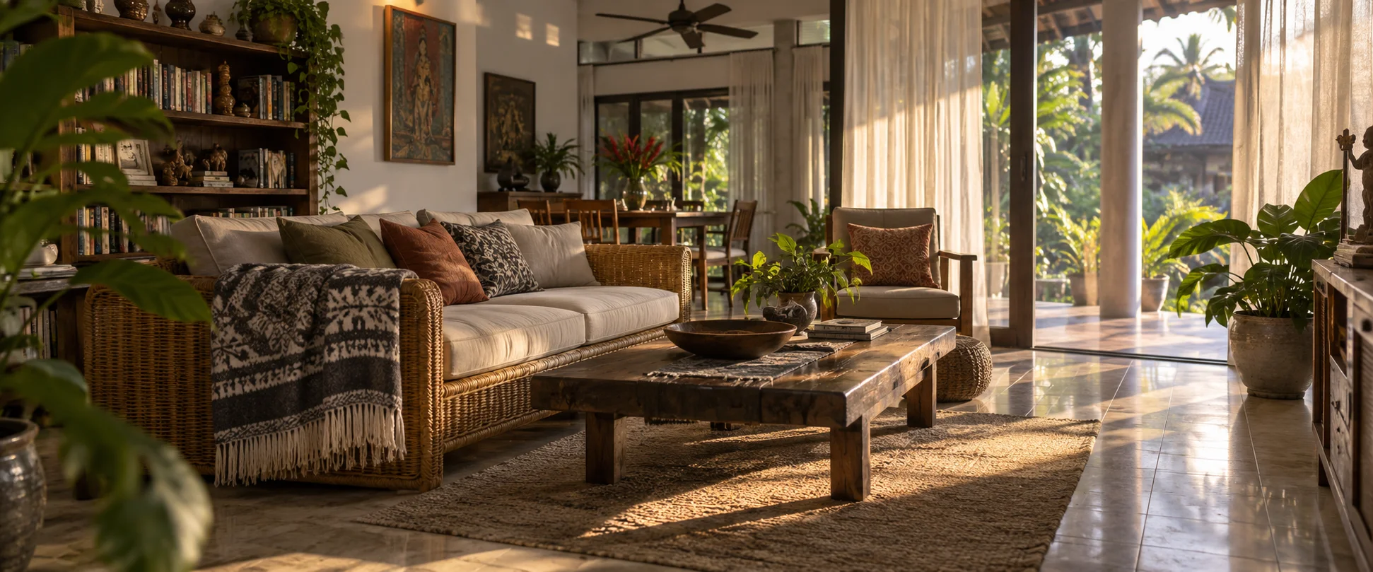A sunlit tropical living room with a patterned throw on a rattan sofa, a ceiling fan, and lush greenery outside.