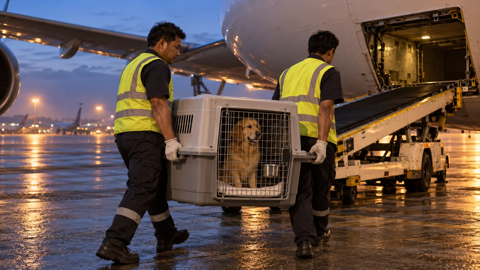 Two ground handlers in hi-vis vests carrying a golden retriever in an airline travel crate across a wet apron toward the aircraft's lower cargo hold at dawn