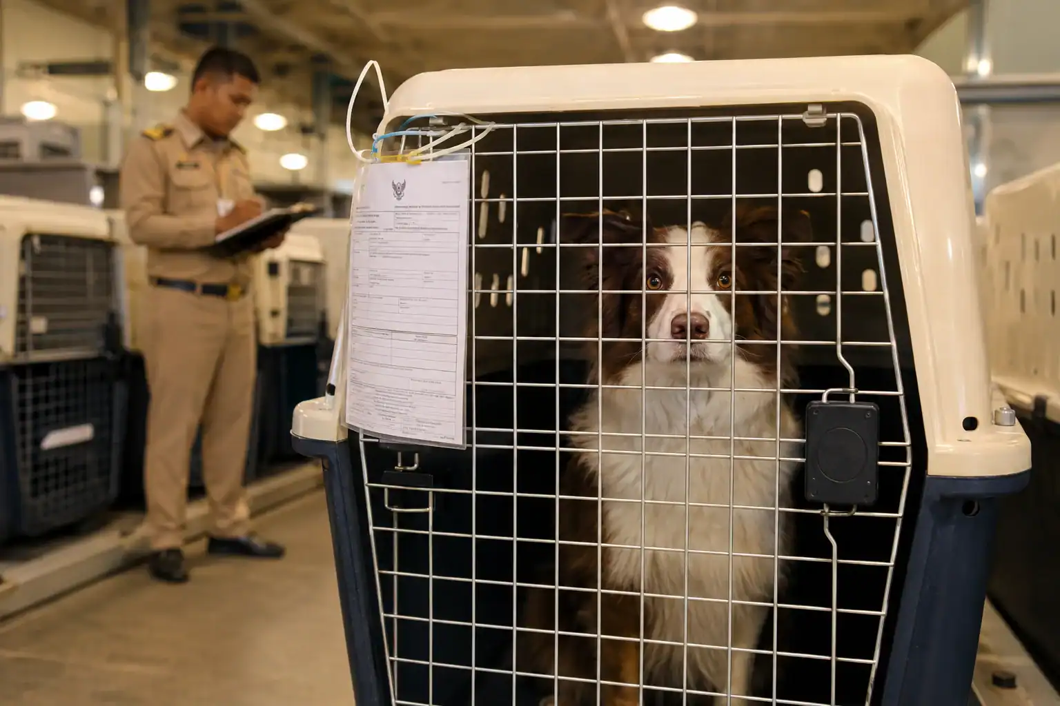 Dogs in quarantine facility at Suvarnabhumi Airport, Thailand — crate housing with temperature monitoring