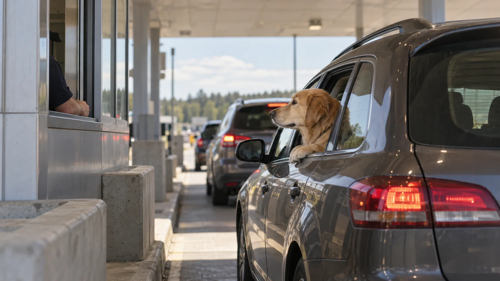 Golden retriever leans out of a car window at a border booth with cars queuing behind, illustrating a dog crossing by land