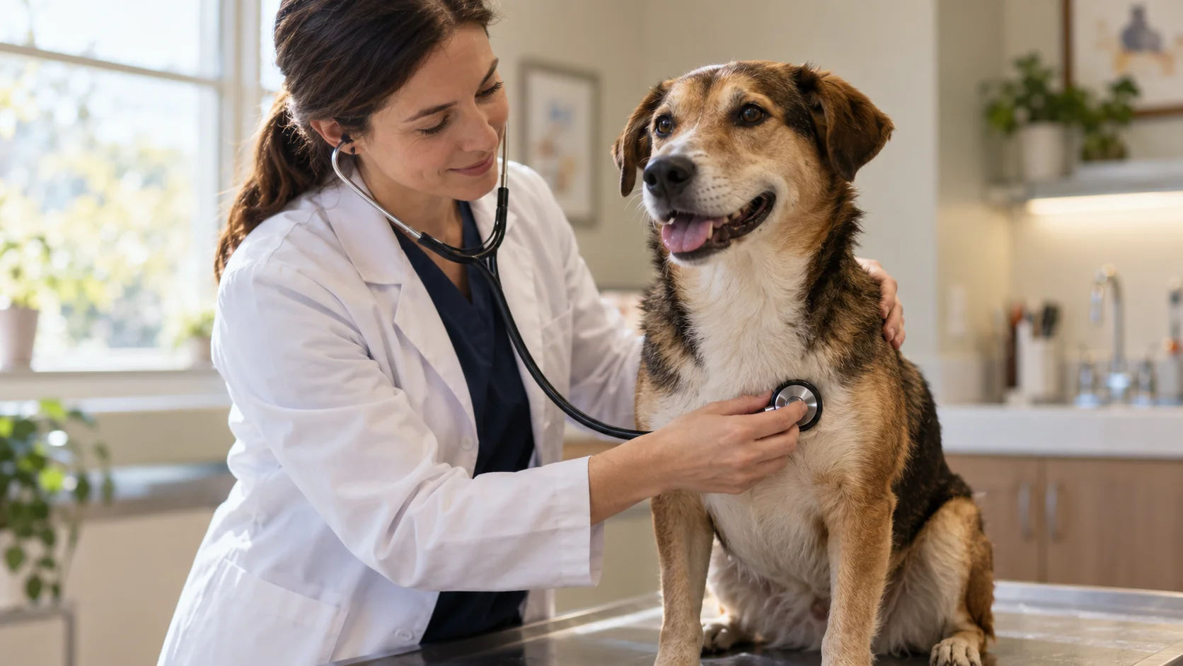 A healthy, relaxed medium-sized dog sitting calmly on an exam table at a bright US veterinary clinic, a vet's hand resting gently on the dog's shoulder mid-checkup, soft
