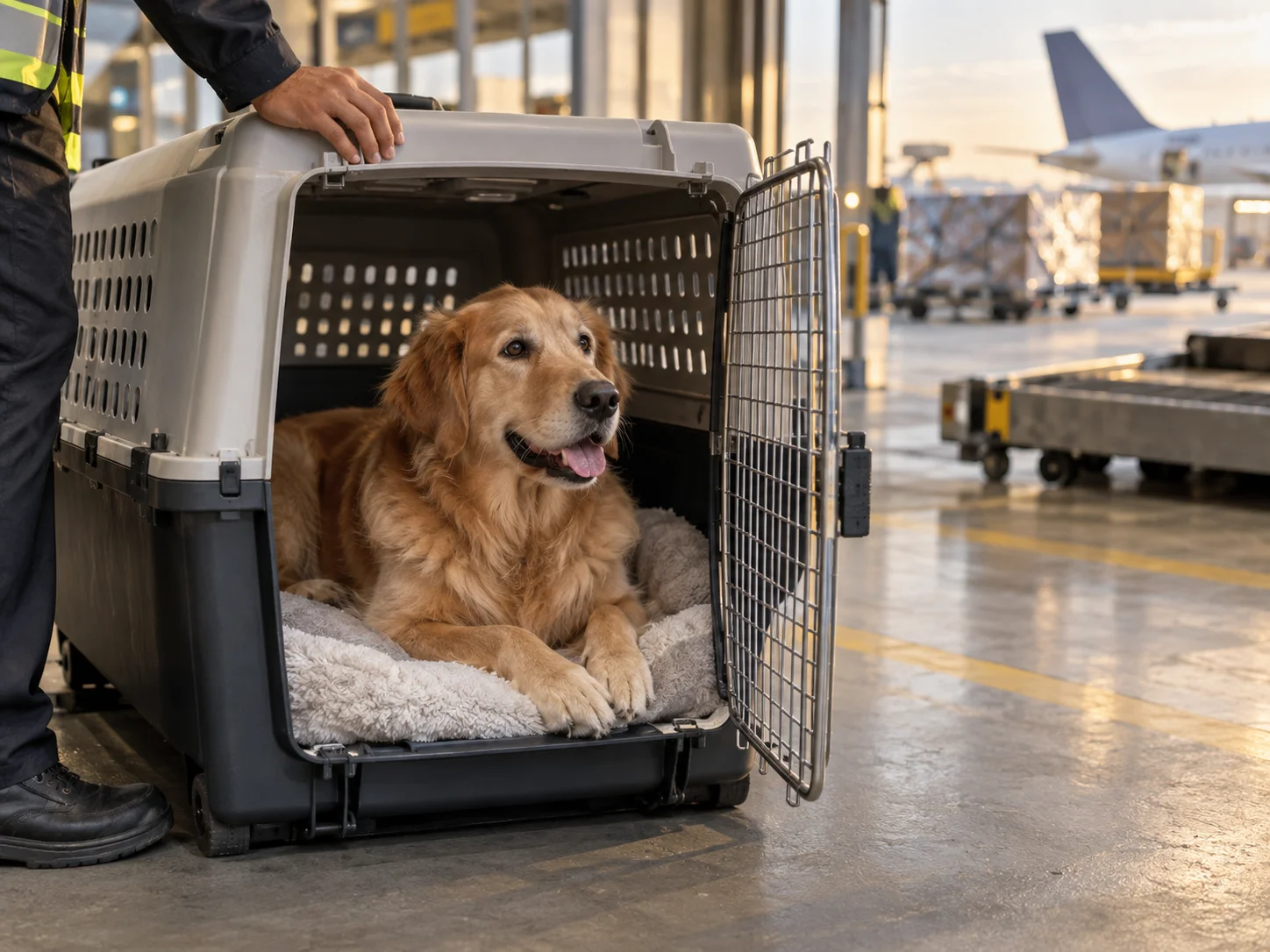 A golden retriever resting in an airline-approved travel crate on the apron beside a cargo aircraft