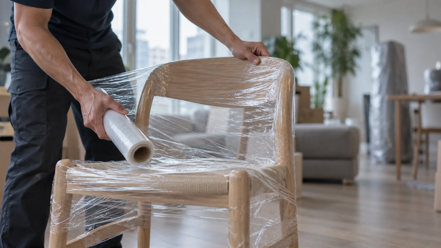 Stretch-wrapping a wooden chair against humidity damage on the way to Thailand