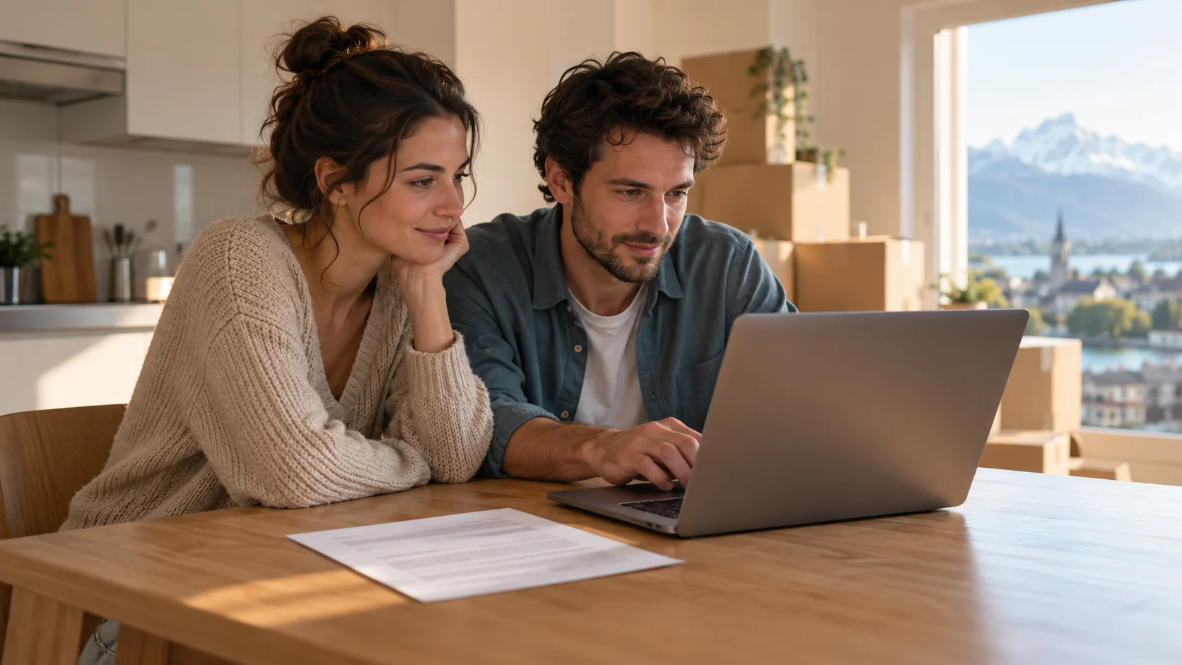 A relocating couple at a kitchen table in a Swiss apartment reviewing a laptop and a visa document together, the screen and paper both angled away from camera, morning