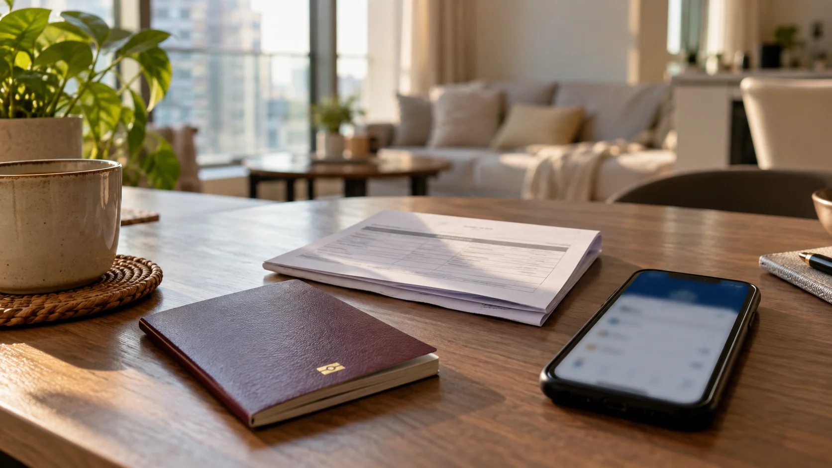 A close, warm documentary shot of a small table near a window in soft morning light: a passport, a folded printed form, and a phone showing an unreadable, blurred