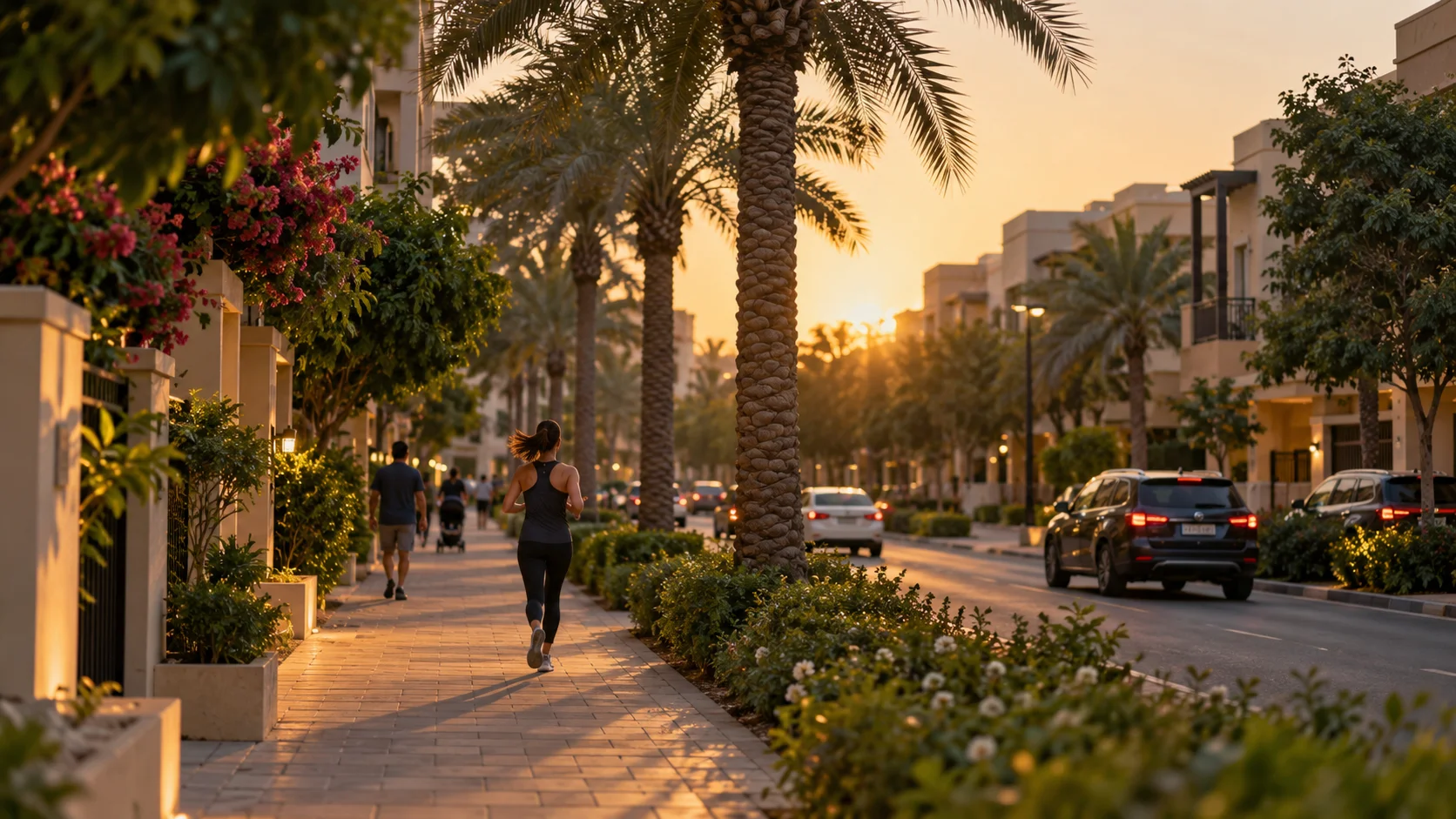 Section-break image, 16:9. A quiet residential street of low-rise villas or mid-rise apartment buildings in a Dubai community, warm early-evening light, palm trees