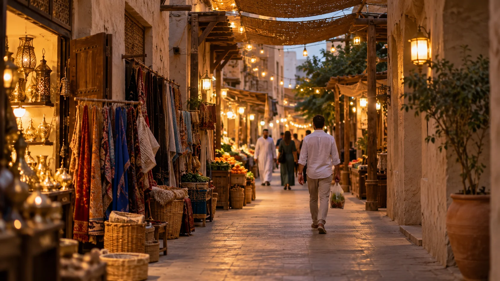 Section-break image, 16:9. A person walking through a quiet, traditionally-styled Gulf souk or covered market lane in the early evening, warm string lighting overhead,