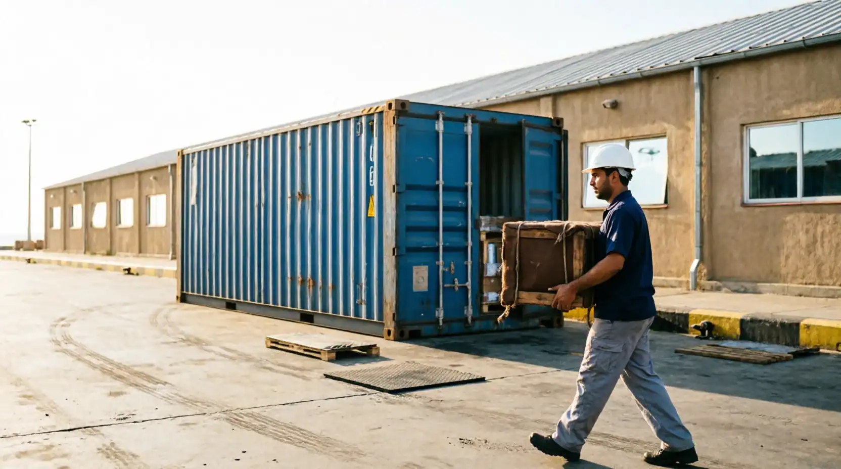 A worker in a hard hat carries a wrapped item past an open blue shipping container being unloaded beside a low warehouse building.