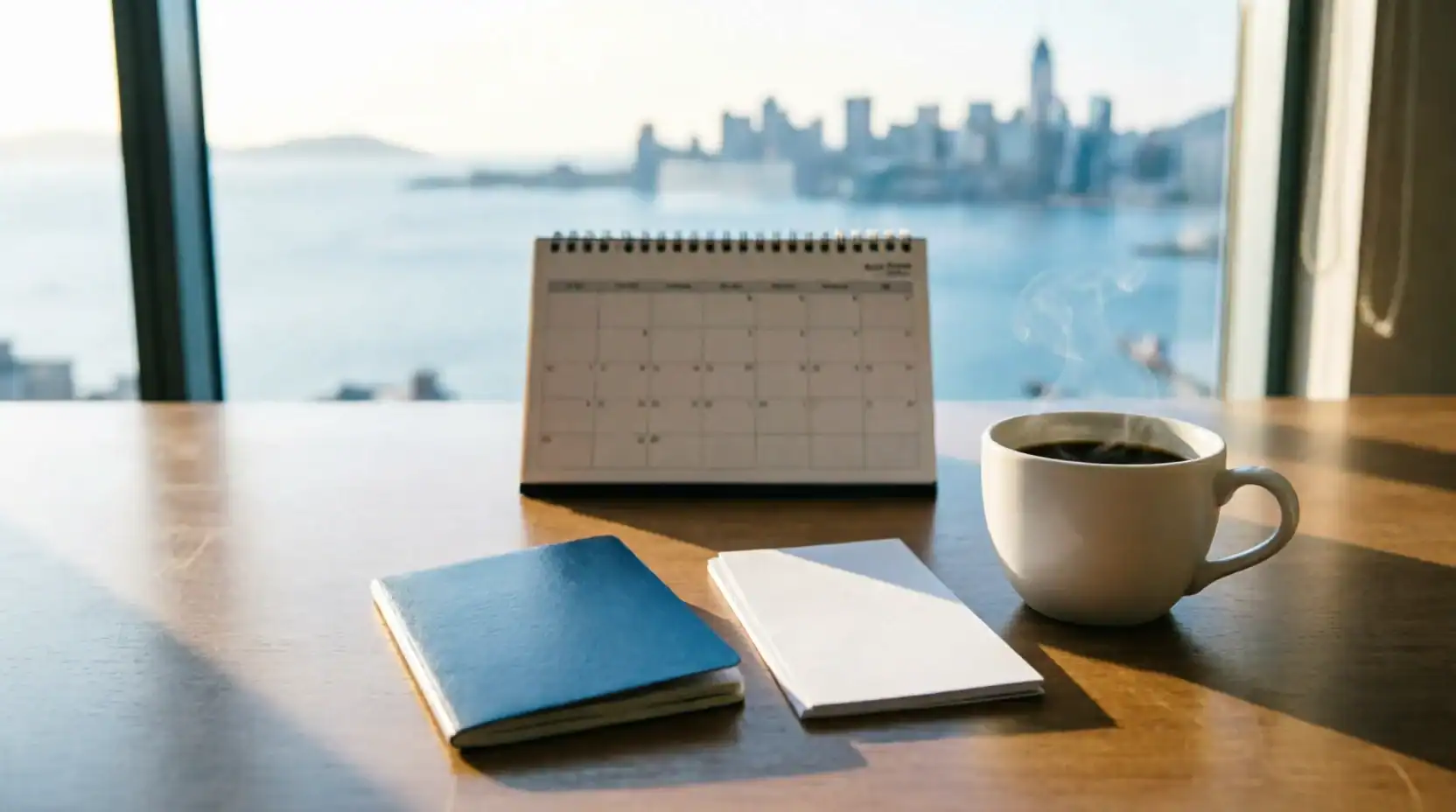 A desk calendar, a notebook and a coffee cup on a wooden table beside a window overlooking a waterfront city skyline.