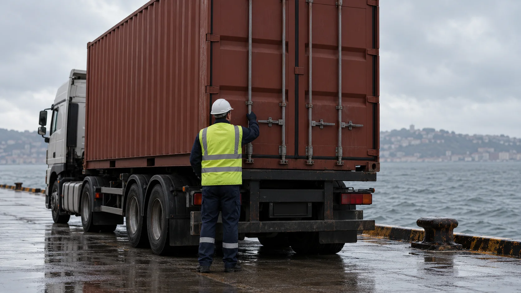 Worker in a high visibility vest checks the doors of a red container on a truck at a wet quayside, for an overseas household move