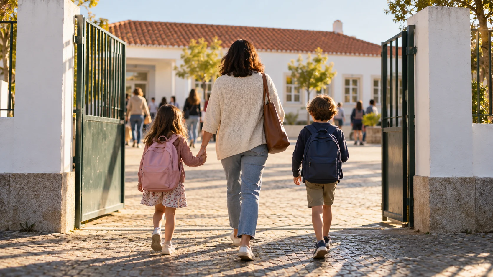 A parent and two children with backpacks walking through an open school gate, illustrating the schooling side of daily life