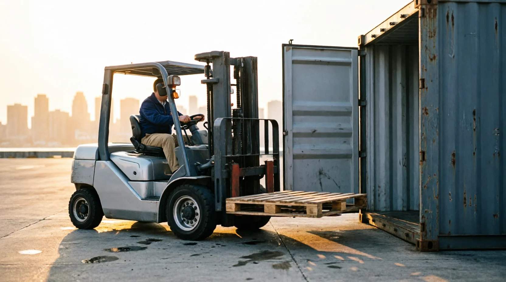 A forklift operator moving a pallet toward an open container at an East Coast US terminal at golden hour, evoking the US-to-Portugal shipping corridor