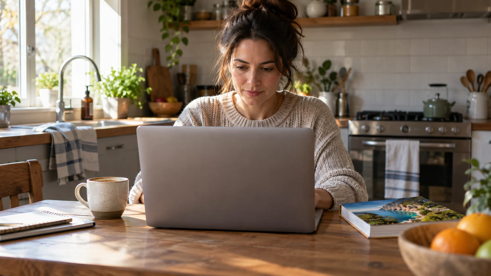 A person sits at a kitchen table with a laptop open, its screen angled away from camera, a half-finished cup of coffee and a Thailand guidebook resting nearby, morning