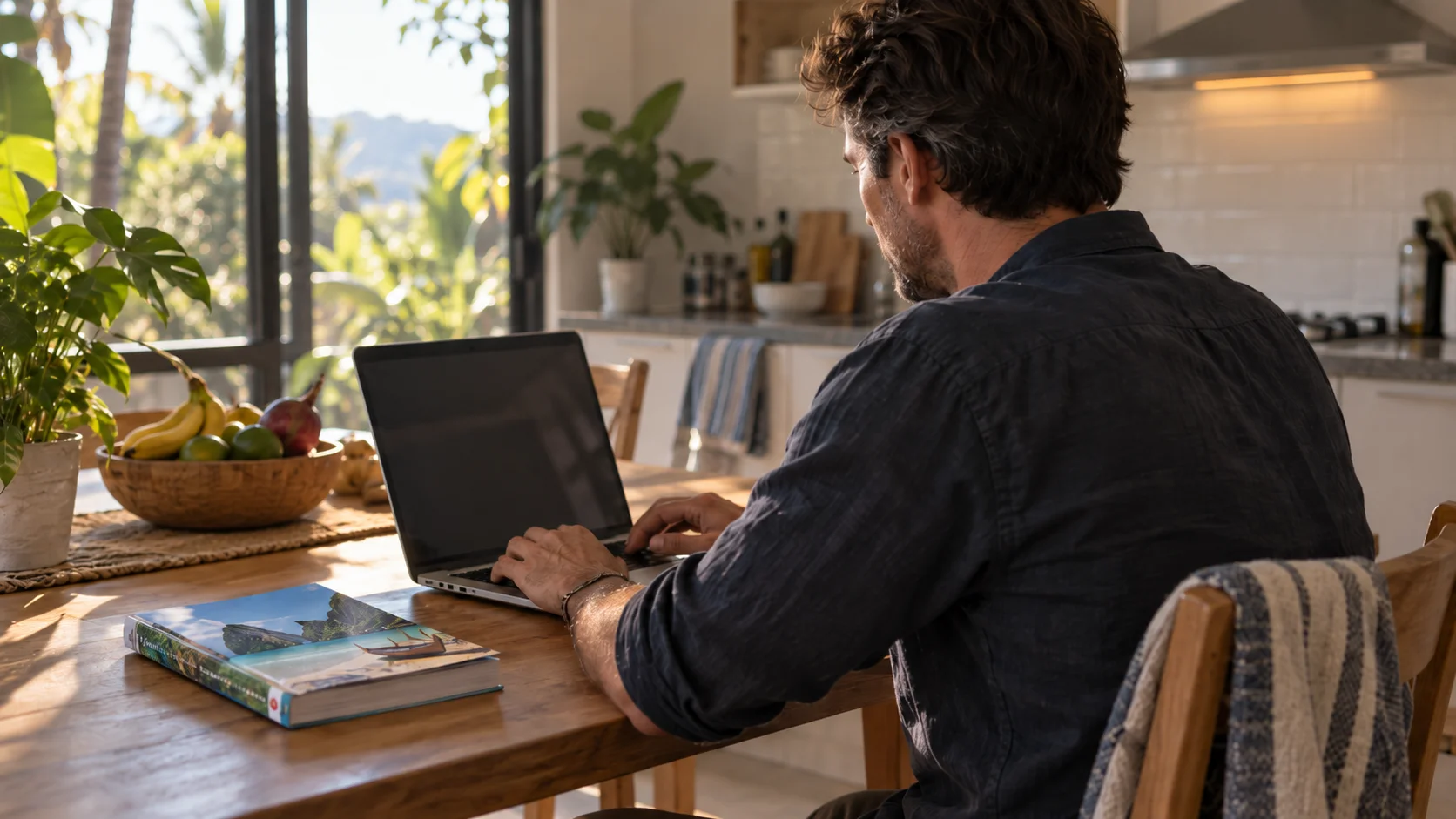 Person at a kitchen table planning a move on a laptop