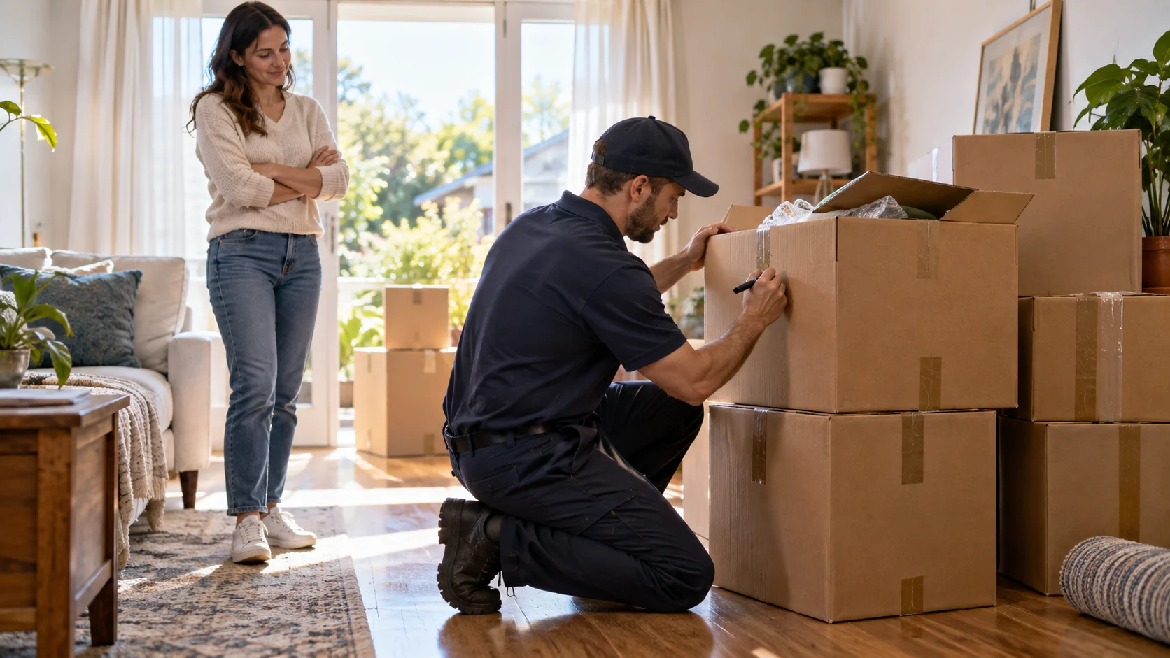 Professional mover kneeling beside a half-packed carton