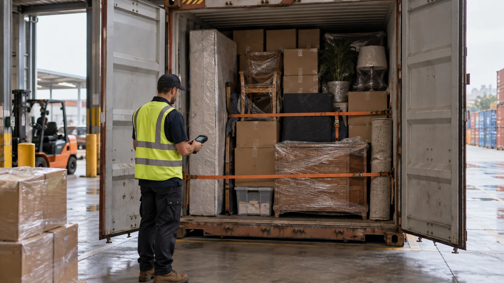 Shipping container sits with its doors still open at a departure warehouse