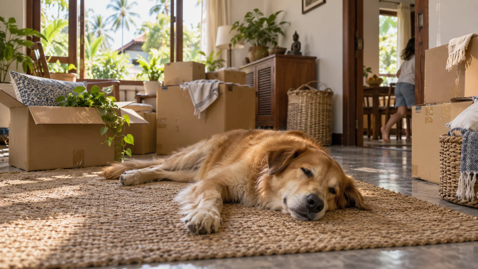 Dog lying on a woven rug beside stacked moving boxes in a bright Thai home