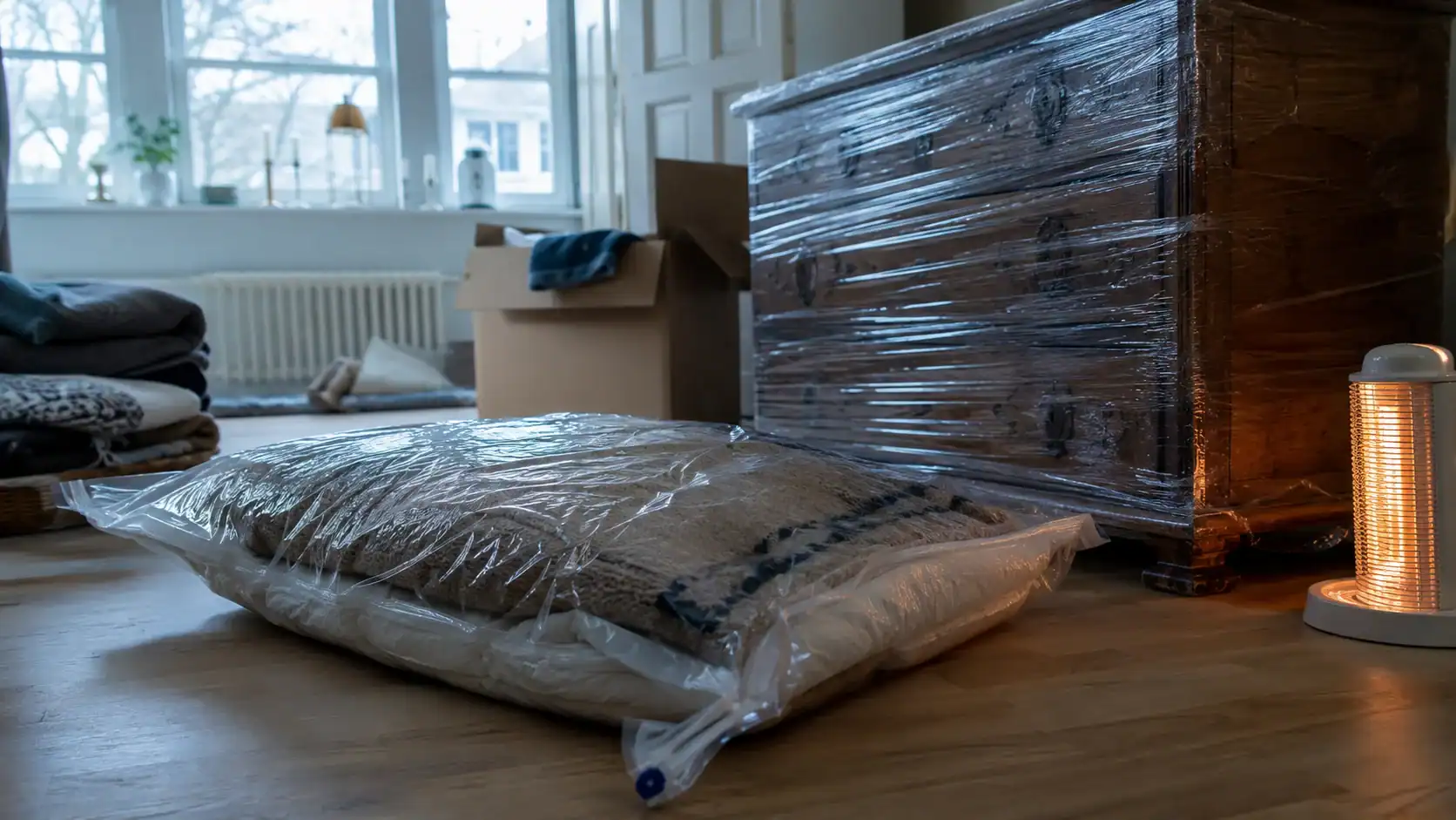 Vacuum-sealed wool blankets beside a plastic-wrapped antique wooden chest in a Norwegian living room, prepared for humidity protection ahead of shipping to Thailand