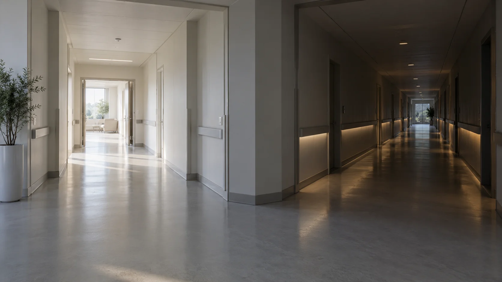 A bright, short hallway diverging from a darker, longer hallway from a single point, representing the difference between a 10-day and 30-day Australian pet quarantine timeline