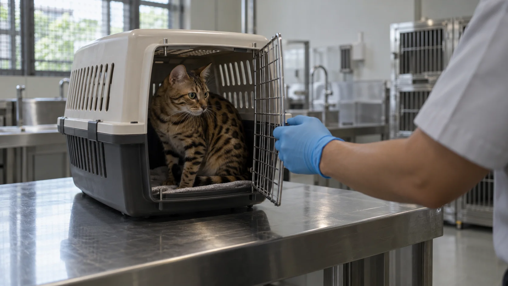 Spotted cat in an open pet carrier on a steel table while a gloved hand holds the door, illustrating breed checks on arrival