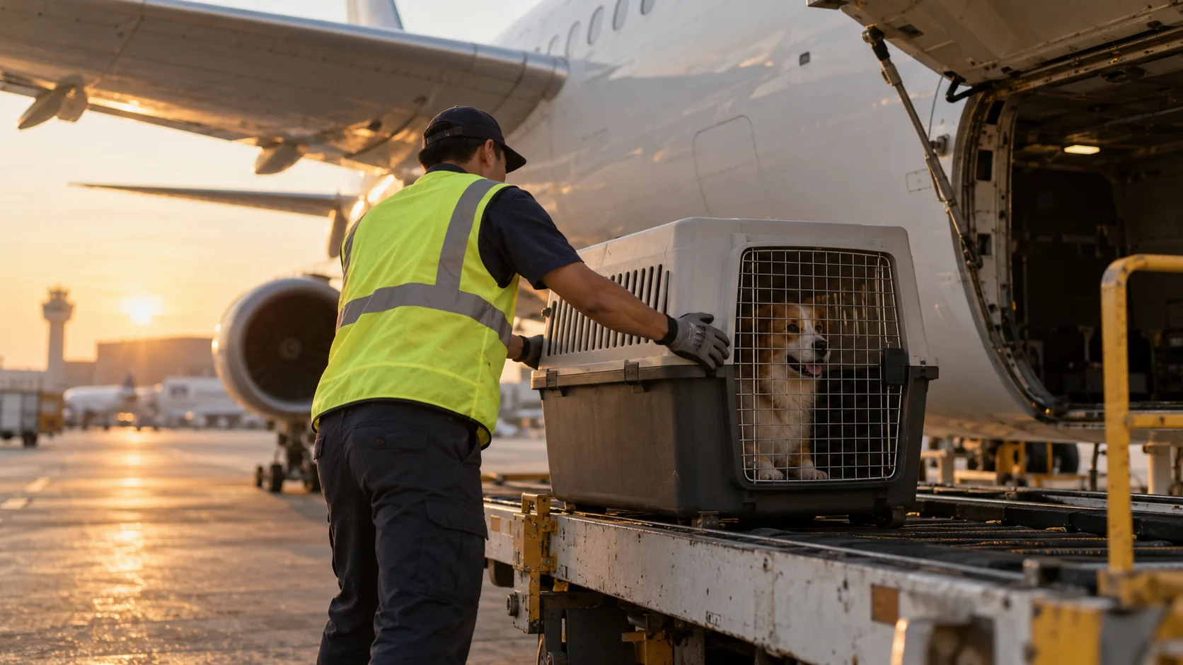 Handler in a hi-vis vest sliding a hard-sided kennel holding a dog along a cargo loader toward an open aircraft hold at sunset