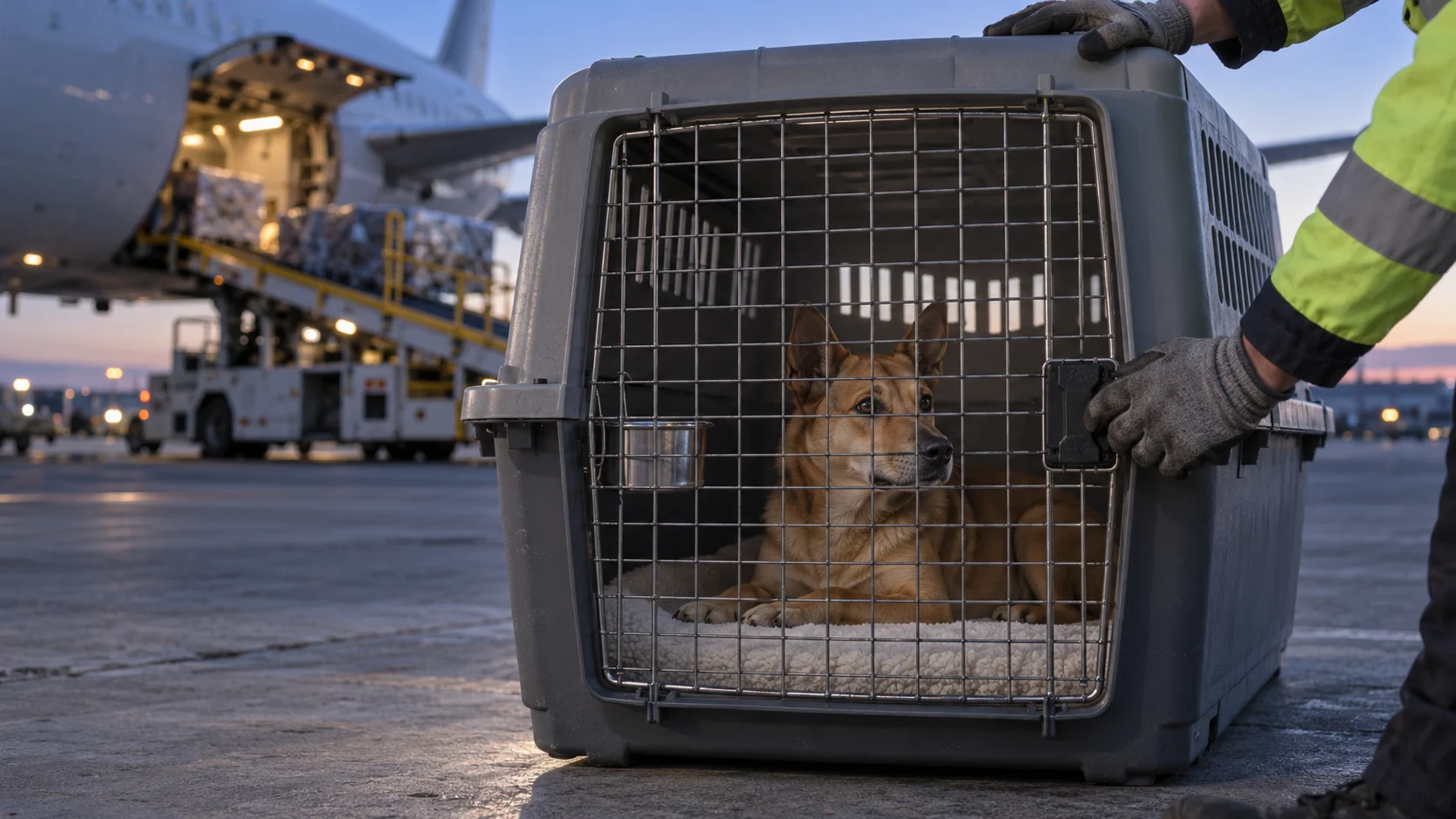 A dog lying calmly in an airline-approved hard-sided travel crate on the airport apron at dusk, a handler securing the door while cargo is loaded into the aircraft behind
