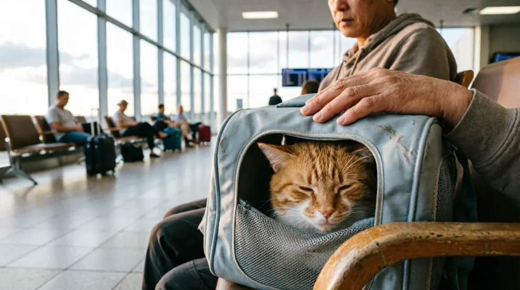 Small dog in an airline-approved travel carrier at an airport, representing the choice between cabin, checked baggage and cargo pet travel from Australia to Thailand