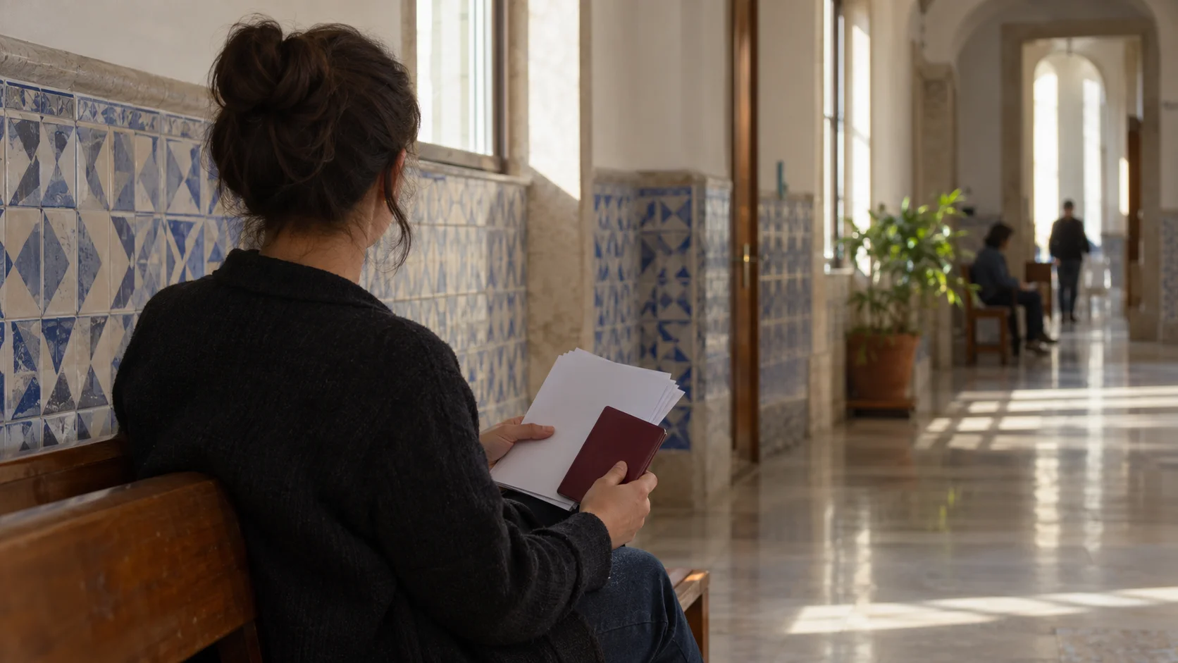 A woman waits on a wooden bench in a tiled corridor holding papers and a passport, illustrating the wait for an appointment