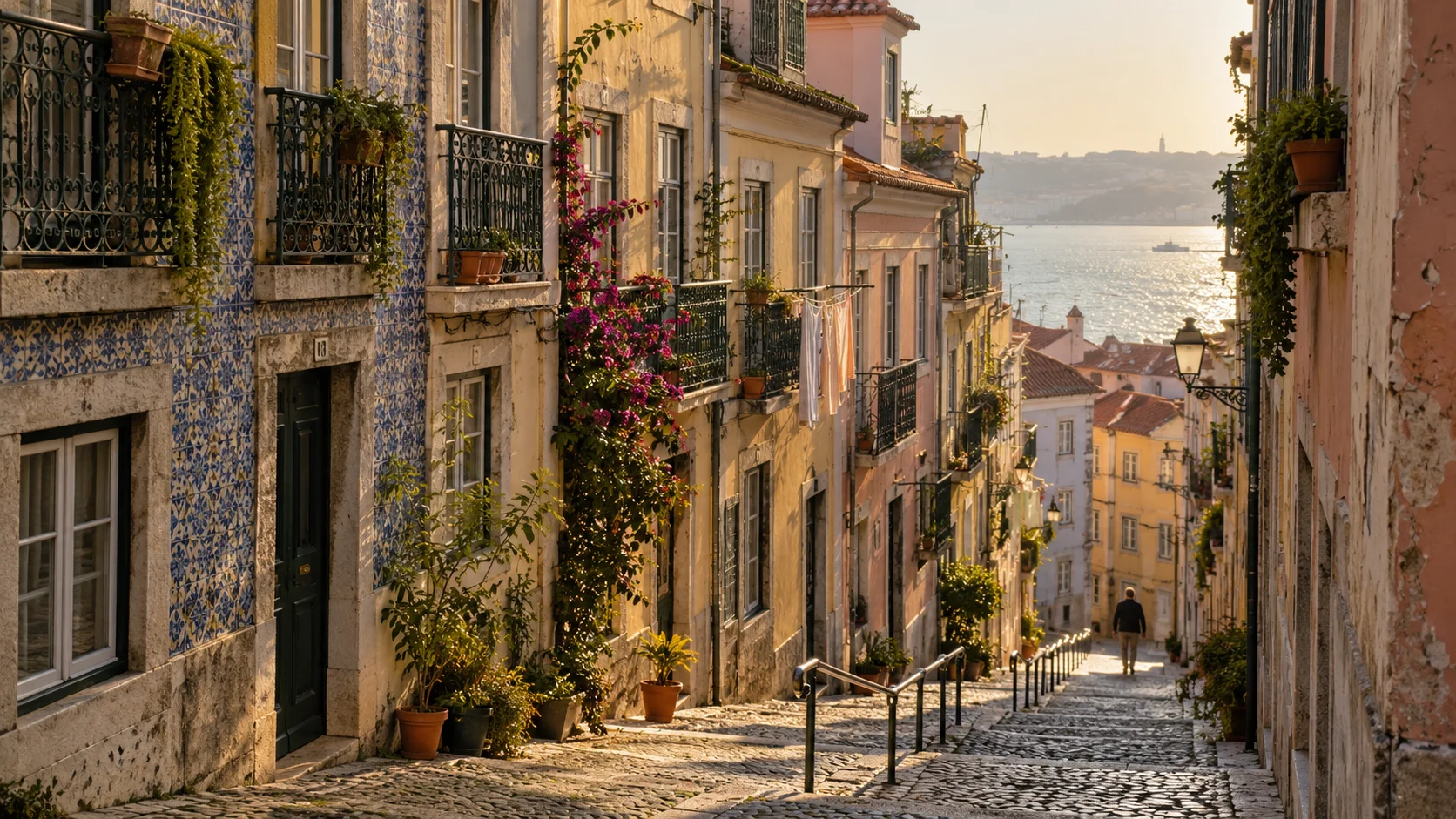 Sunlit cobbled hill street with tiled and pastel townhouses and a lone walker, setting the scene for the running costs of a new home