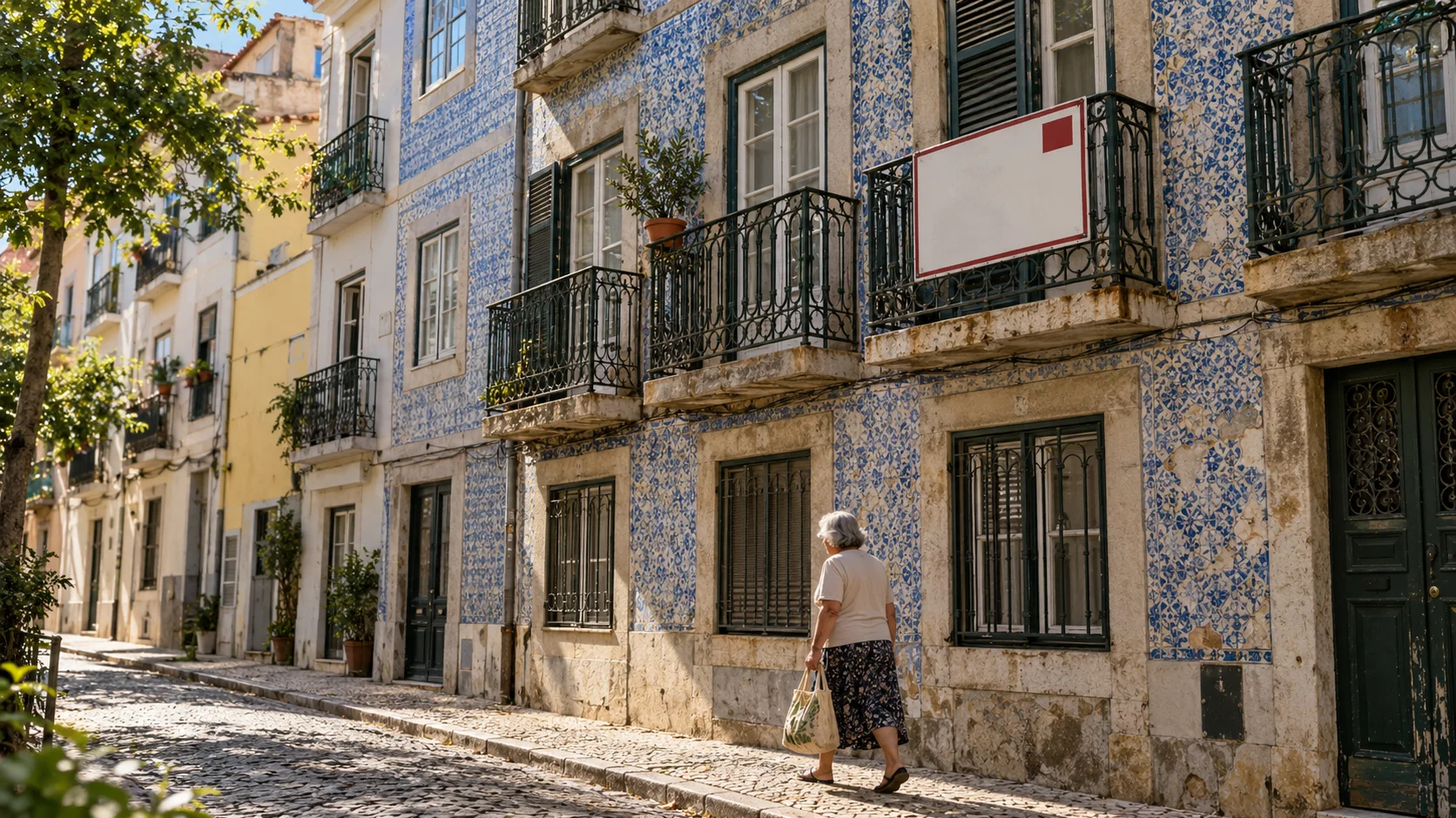 Sunlit Lisbon street of azulejo-tiled apartment buildings with wrought-iron balconies and a blank sale board on one balcony, a woman walking past on the cobbled pavement