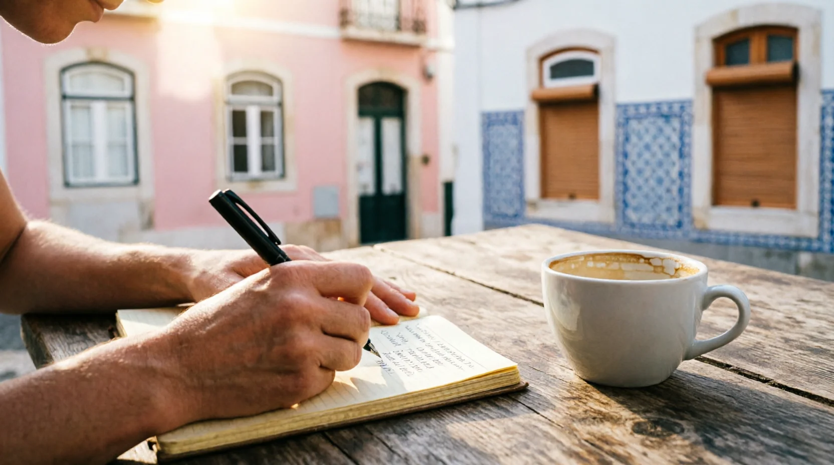 A hand writing in a notebook beside a cup of coffee on a street table in front of pastel Lisbon buildings, representing calculating Portugal income tax as an expat