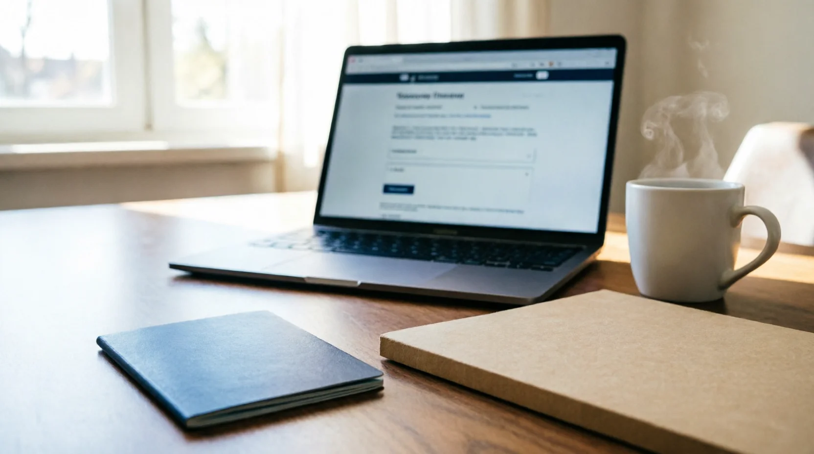 A laptop open to an online visa application form beside a cup of coffee and notebooks on a desk, representing the process of applying for a Portugal visa as an Australian citizen